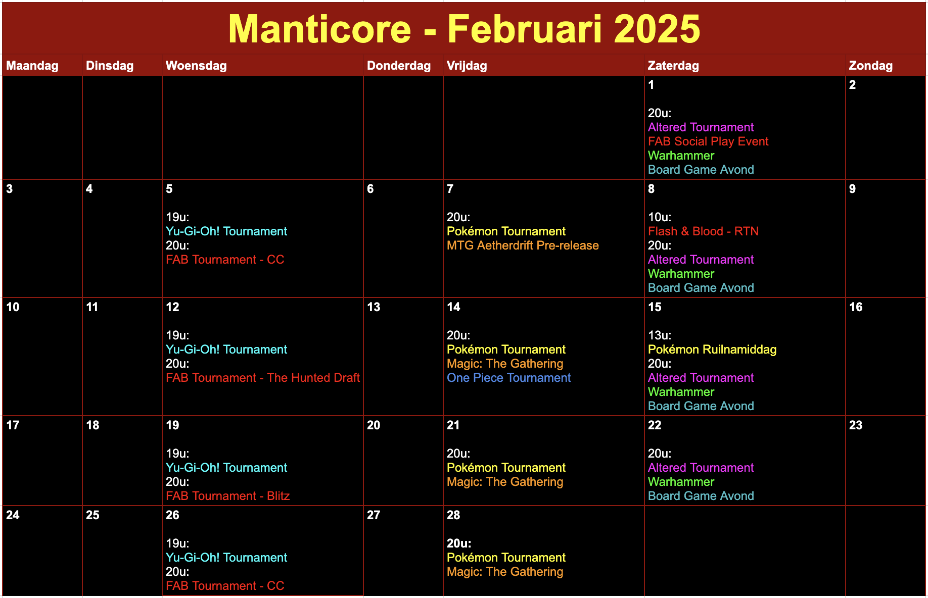 Kalender met diverse gaming- en ruilevenementen zoals Altered Tournament, Yu-Gi-Oh Tournament, Pokémon Tournament, Pokémon Ruil Namiddag, One Piece, Magic: The Gathering, Warhammer en Flesh and Blood. Ontdek de beste TCG- en tabletop-evenementen voor verzamelaars en spelers. Perfect voor fans van strategie, ruilen en competities.