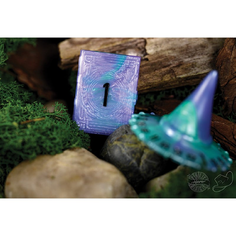 Polyhero dice wizard d20 wizard hat and d2 spellbook etermist