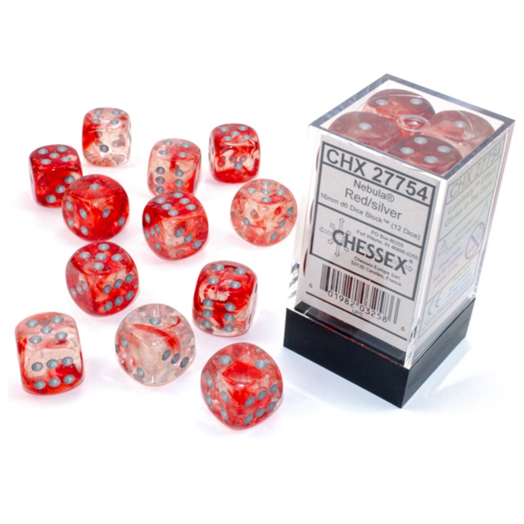 Chessex Manufacturing 16 Mm D6 Cube Luminary Nebula Dice Red & Silver - 12 per Pack