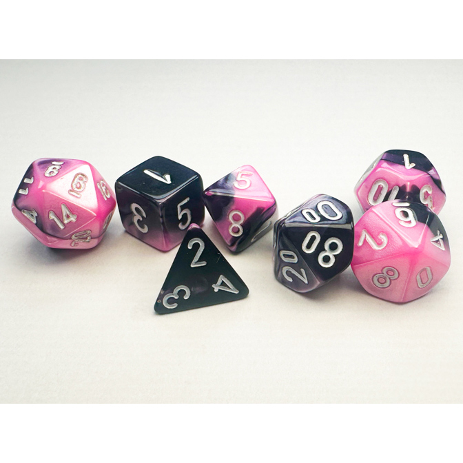 Black and Pink Gemini Mini Dice with White Colored Numbers 10mm (3/8in) Set of 7 Chessex