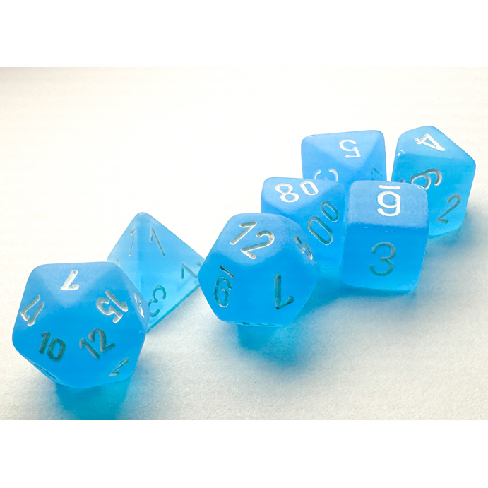 Caribbean Blue Frosted Mini Dice with White Colored Numbers 10mm (3/8in) Set of 7 Chessex