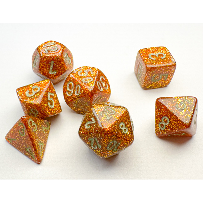 Gold Glitter Mini Dice with Silver Colored Numbers 10mm (3/8in) Set of 7 Chessex