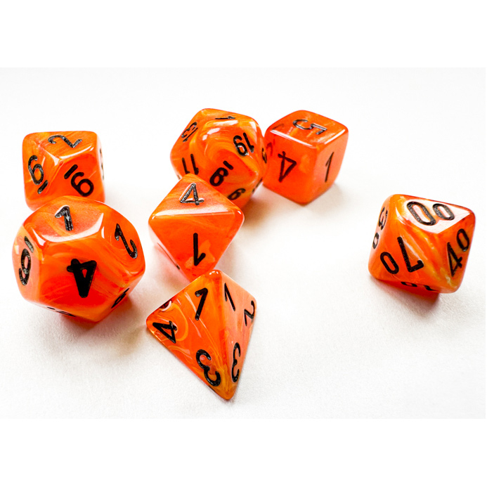 Orange Vortex Mini Dice with Black Numbers 10mm (3/8in) Set of 7 Chessex