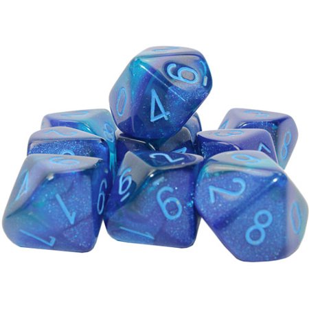 Blue and Blue Gemini Luminary Dice with Light Blue Numbers D10 16mm (5/8in) Pack of 10 Dice Chessex