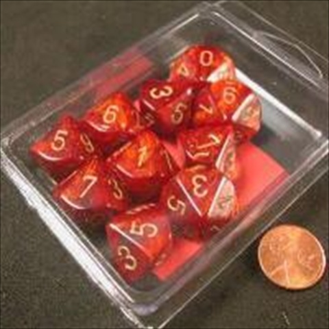 Chessex Manufacturing 27214 D10 Clamshell Set of 10 Dice - Scarab Scarlet with Gold Numbering