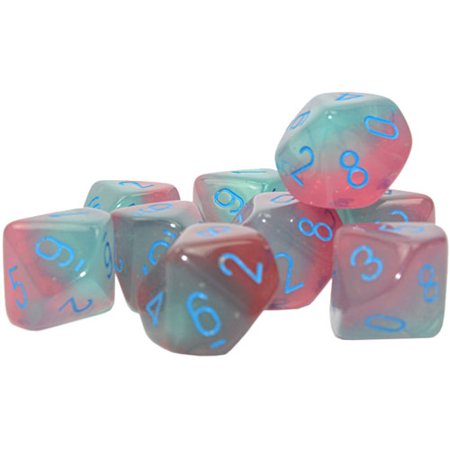 Wondertrail Gel Green and Pink Gemini Luminary Dice with Light Blue Numbers D10 16mm (5/8in)  Oxi-Copper Marble  Pack of 10